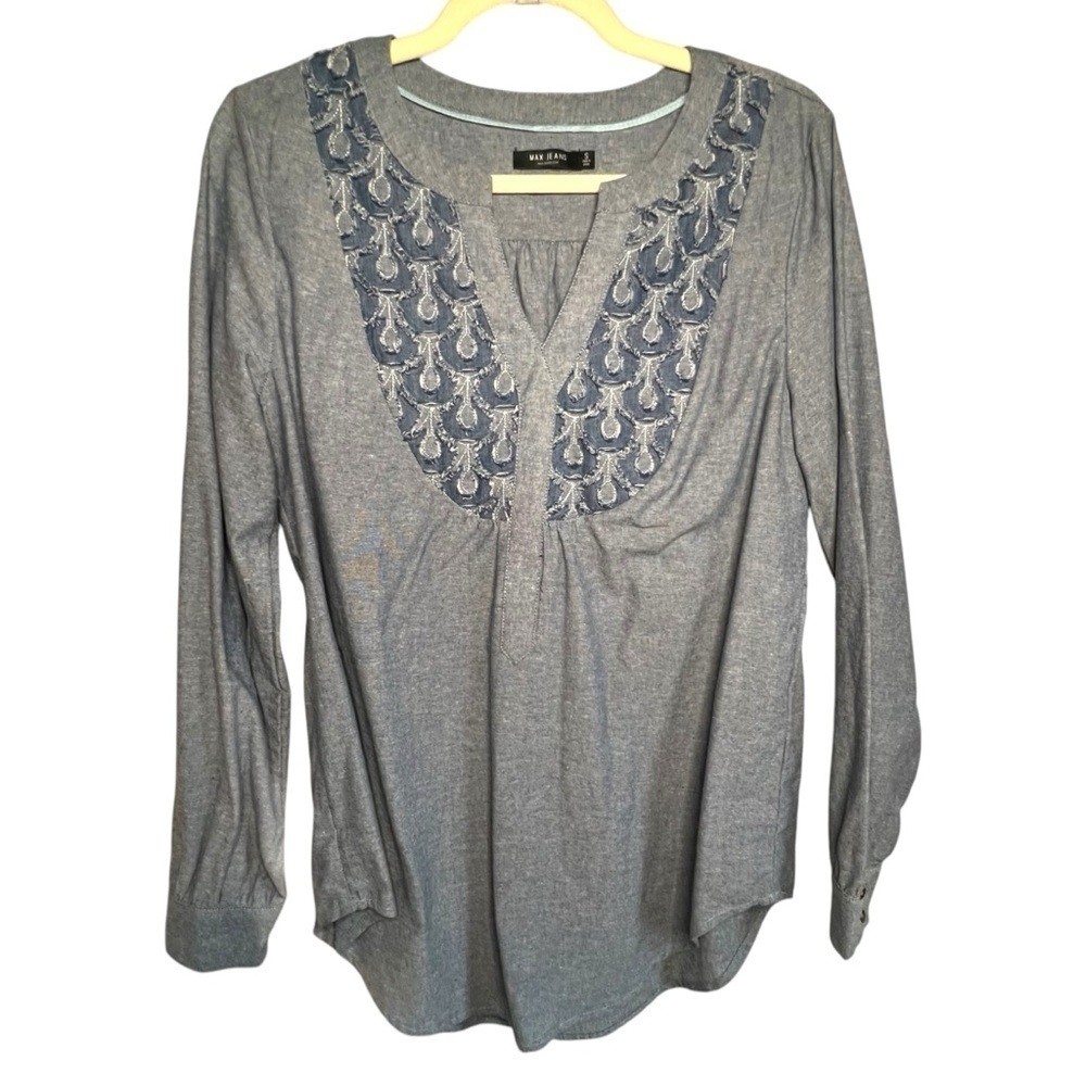 Max Jeans Linen Oversized Popover Top Blue Chambray Size Small